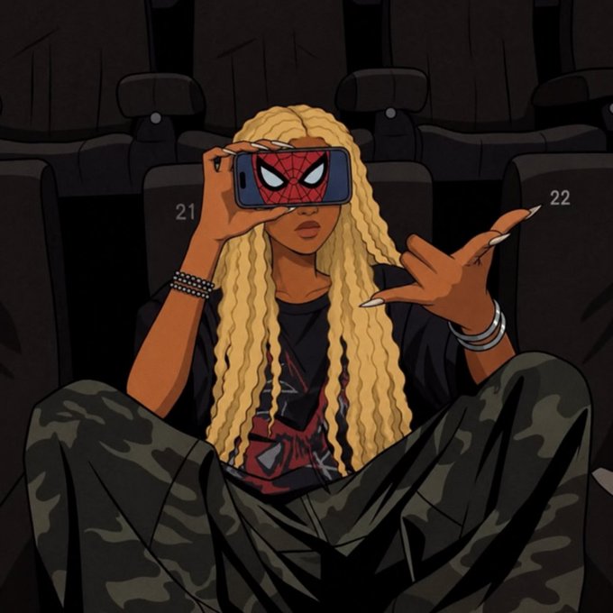 An anime-style illustration of a woman with long blonde locs holding a smartphone with a Spider-Man face design, sitting in a movie theater between seats 21 and 22, wearing a black shirt and camouflage pants.