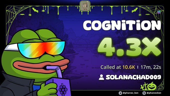 A promotional graphic for 'COGNITION' token featuring a 4.3x multiplier, 'Called at 10.6K | 17m, 22s', attributed to 'SOLANACHAD009', with a Pepe the Frog character wearing sunglasses and holding a juice box, branded with @phanes.bot social handles.