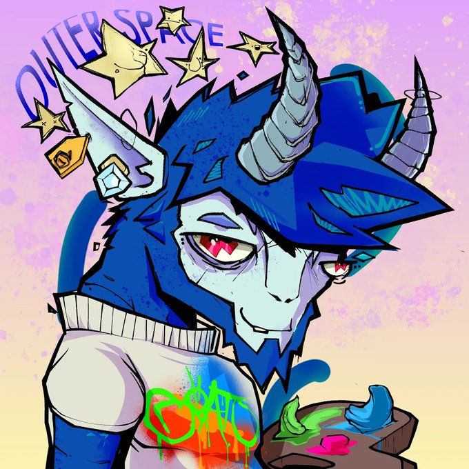 A stylized digital illustration of a blue unicorn-like character with metallic horns, wearing a white shirt, against a pink and purple background with the text 'QUIVER SPRITE' and a gold tag.