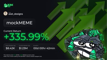 A crypto token page showing "mockMEME" by _axel_designs with +335.99% return, $8.42K liquidity, and $1.23M volume.