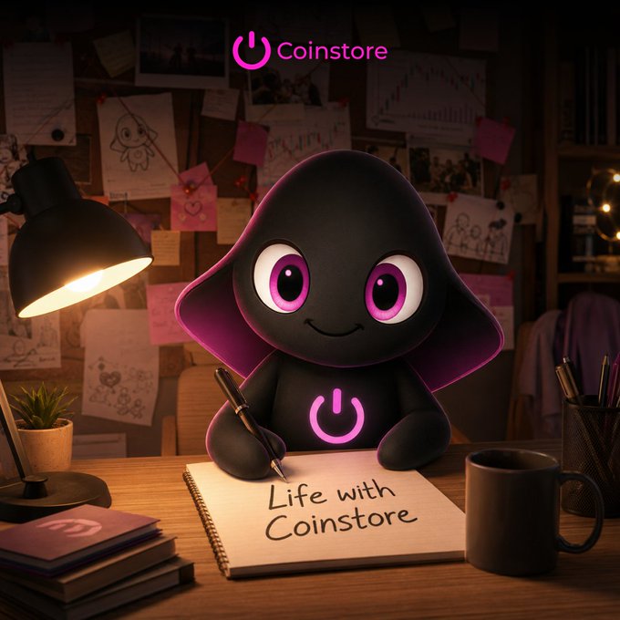 A cute black mascot with magenta accents writes "Life with Coinstore" in a notebook on a desk illuminated by a warm lamp, tying in to the "GM" morning greeting with its cozy, journal-like vibe.