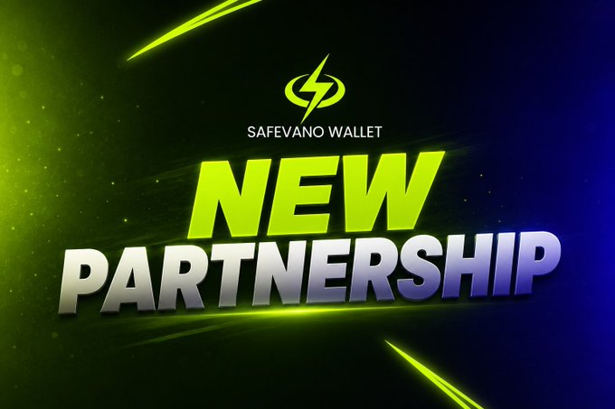 A bold promotional graphic announces a "NEW PARTNERSHIP" featuring the Safevano Wallet logo and a lightning bolt emblem, set against a vibrant green and dark gradient background. The design visually reinforces the announcement of an upcoming major marketing campaign rollout.