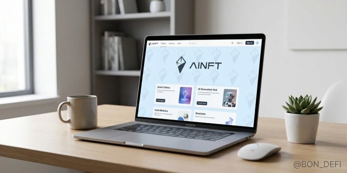 A laptop on a wooden desk displays the AINFT website, flanked by a coffee mug, succulent plant, and wireless mouse, with a watermark '@BON_DEFI' in the corner.