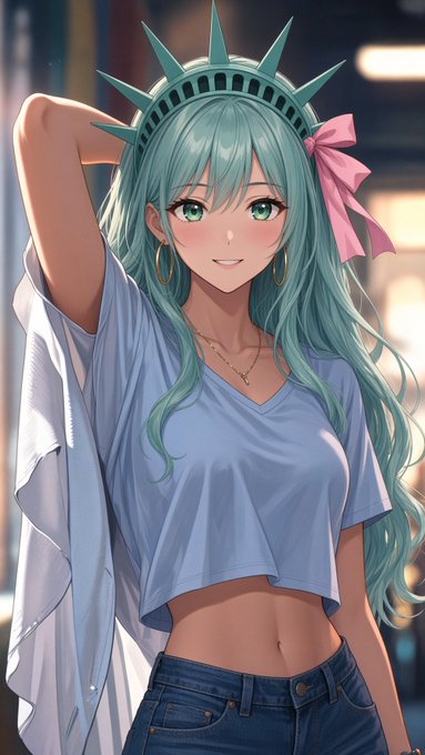 The image shows an anime-style illustration of a young woman with long teal hair, green eyes, and a spiked crown resembling the Statue of Liberty's, wearing a light blue crop top and jeans with a pink ribbon in her hair, evoking themes of freedom and American identity.

The image relates to the post by using the Statue of Liberty crown as a metaphor for resilience and freedom, suggesting that shaking off the "bear market bitterness" opens up "meaningful opportunities to build" in crypto, much like Lady Liberty represents new beginnings and perseverance through hardship.