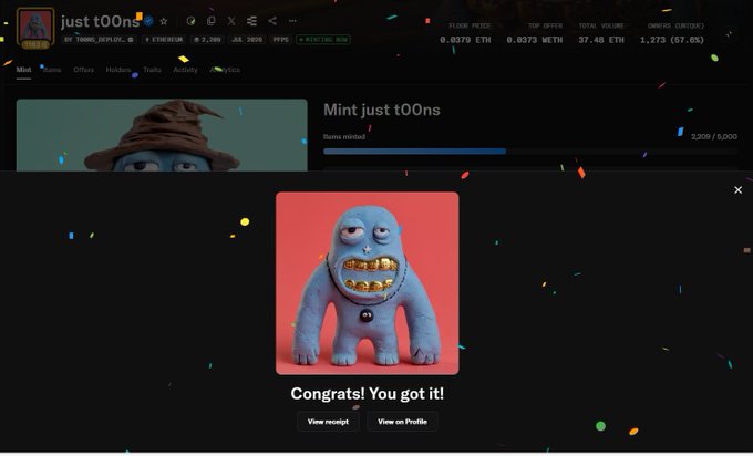 A screenshot of an NFT minting platform showing 'just t00ns' with a blue monster character with gold teeth and the message 'Congrats! You got it!'