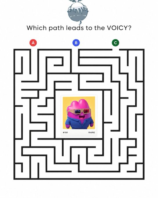 A maze puzzle titled "Which path leads to the VOICY?" presents three entry points labeled A, B, and C, with a pink character labeled "#191 RARE" at the center.