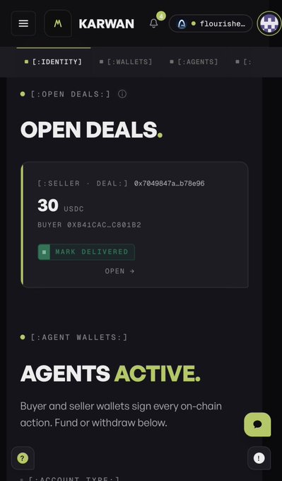 Screenshot of the KARWAN platform dashboard showing 'OPEN DEALS' section with a 30 USDC seller deal and 'AGENTS ACTIVE' indicating buyer and seller wallets for on-chain actions.