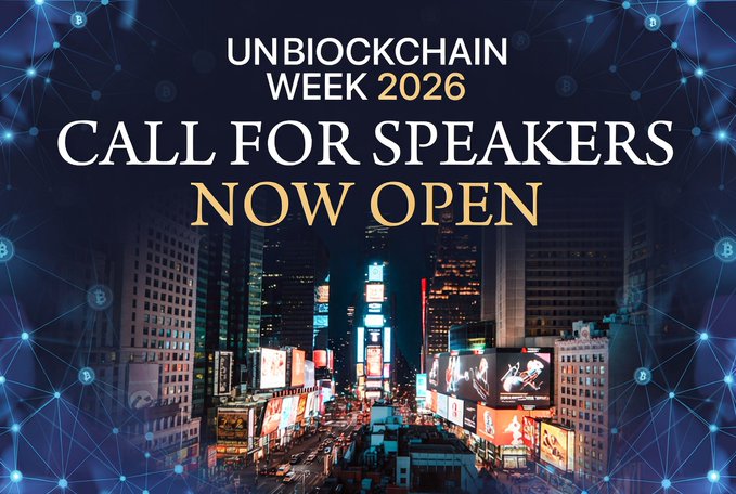 A promotional graphic for 'UNBLOCKCHAIN WEEK 2026 - CALL FOR SPEAKERS NOW OPEN' overlaid on a Times Square cityscape background with blockchain network imagery.