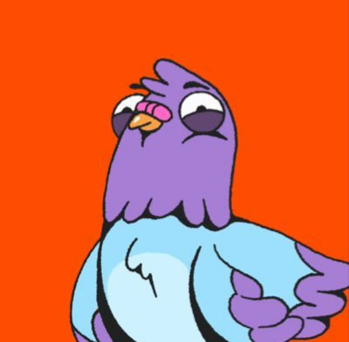 A cartoon purple bird with a puffed-up chest stands confidently against an orange background, appearing slightly smug and self-assured—visually embodying the post's message of valuing quality content over follower counts, as the bird's puffed pose suggests pride in substance rather than superficial reach on RallyOnChain's AI-judged platform.