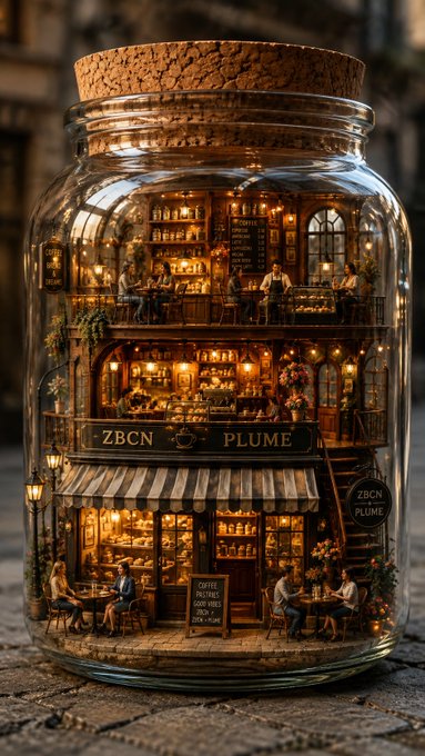 A whimsical miniature diorama of a warm, multi-story coffee shop built inside a large glass jar with a cork stopper, featuring tiny patrons, glowing lights, a "ZBCN PLUME" sign, and a "COFFEE PASTRIES SANDWICHES" menu board.