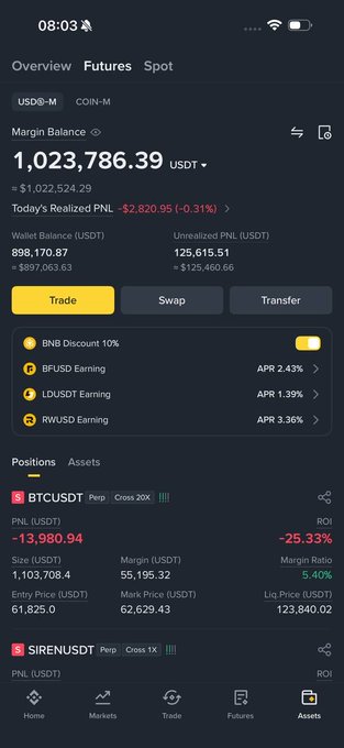The image shows a phone screen displaying information about trading positions for Bitcoin and Etherium. The screen has a black background with white text that provides details about the current positions of these digital assets. There are three Bitcoin positions, one Etherium position, and two other positions in the account. The positions include buying, selling, and holding. The image also includes a caption that reads "focus on what is in the image and how it relates to the post".