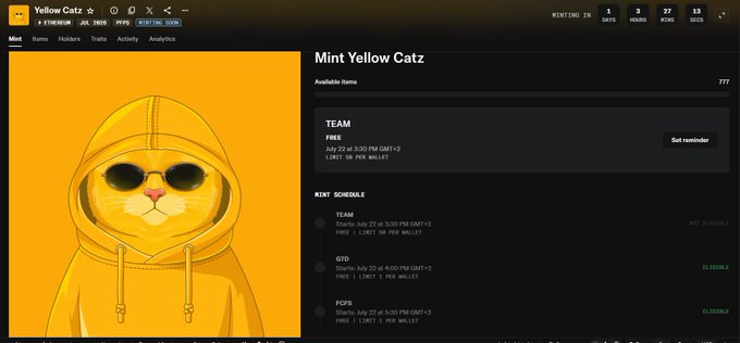 A website screenshot for 'Yellow Catz' NFT mint schedule showing a yellow cat in sunglasses with upcoming mints for TEAM, GTD, and FCFS.