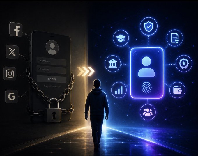 A person stands at a crossroads between a chained smartphone displaying a login screen and an unlocked digital identity profile surrounded by interconnected verification icons. The image visualizes the post's message about moving away from platform-locked usernames and passwords toward portable, self-sovereign digital reputation.
