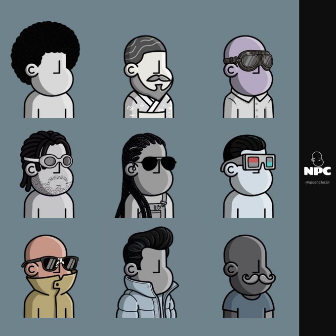 The image shows a collection of nine different cartoon characters with unique facial features wearing glasses or eyeglasses. The characters are arranged in three rows, each containing four individuals, creating a total of 27 distinct personalities. In the backdrop, there's text that reads "i bought 9 NPCs when they were worth approximately $10 each, later sold all of them for a 𝒁𝒆𝒀𝒂𝒕𝒆𝒇 loss. i bought 2 NPCs at 0.015e after the pump and kept 𝒄𝒂𝒐𝒏𝒊𝒔𝒑𝒓 in my collection to hold up until 6 of them. i did not sell a single one at 0.04e, and today i locked in yet another loss - $46". The characters are displayed next to each other, providing a sense of diversity within the image.