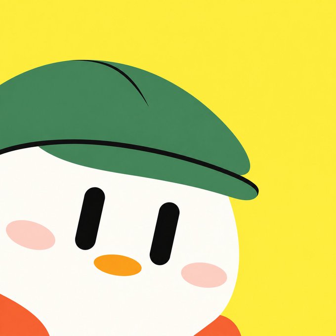 A close-up illustration of a cute, round white cartoon character with pink cheek blushes and an orange beak, wearing a green cap against a bright yellow background.