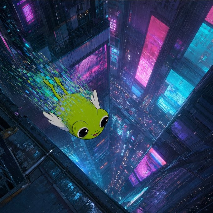 A digital cyberpunk-style artwork featuring a cute green cartoon creature with white wings flying through a futuristic neon-lit cityscape filled with purple, pink, and blue illuminated buildings.