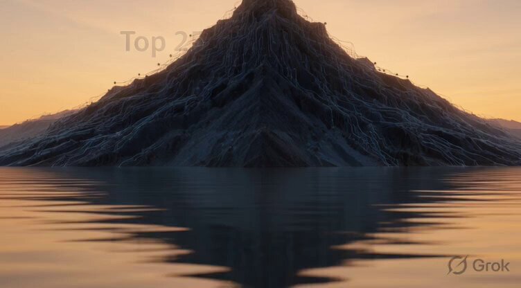 The image features a large mountain with a body of water at its base, creating a beautiful reflection that can be seen from the water's surface. The sun is setting behind the mountains, casting an orange glow over the scene. In the background, there are several coins displayed on the image, including "Top 25 Coins Watchlist for Next 3 Months" and "Jun-Sep 2026". These coins represent some of the most popular coins in the cryptocurrency market at that time. The image also includes a watermark that reads "Grog", indicating that it is likely taken or edited by Grog.