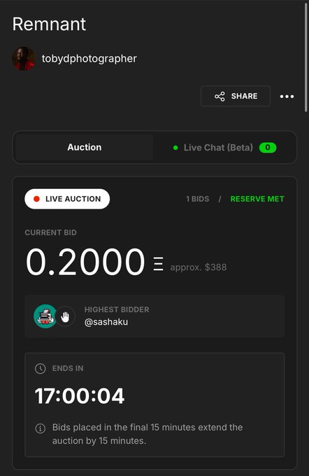 Live auction interface for an NFT titled 'Remnant' by tobydphotographer, showing current bid of 0.2000 (approx. $388) by @sashaku with 17:00:04 remaining.