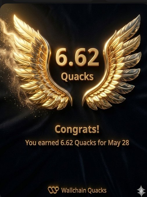 The image features a gold-colored logo with wings and the number 6.62 Quacks displayed below it. The text above the logo reads "Congratulations! You earned 6.62 Quacks for May 28." This message congratulates the user on their achievement of earning 6.62 Quacks, possibly as part of a gaming or competition.