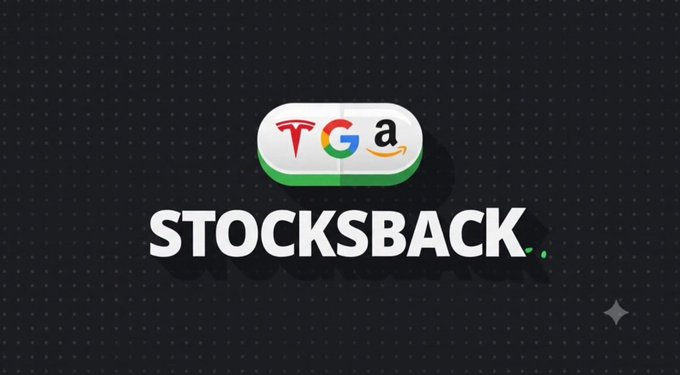 A logo graphic displaying "STOCKSBACK" with stylized T, G, and a (Amazon) letters in a rounded badge above the text.