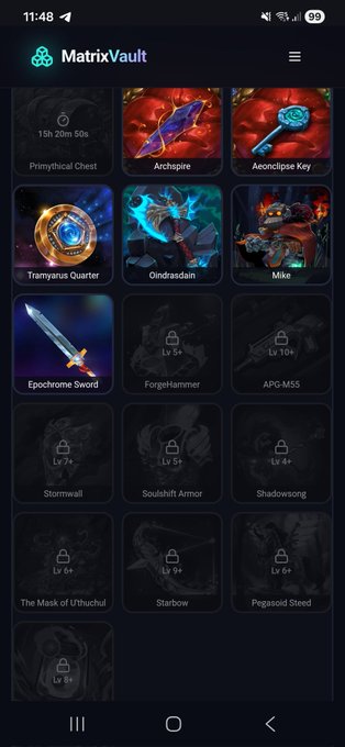 The image shows a phone screen displaying various game items, including a sword, shield, and other weapons. The text on the screen reads "matrix vault" and "enjineer", which suggests that this is an app for playing video games or managing in-game items. The post also mentions new items are now fully working, so players can expect to see these items in their game deck soon.