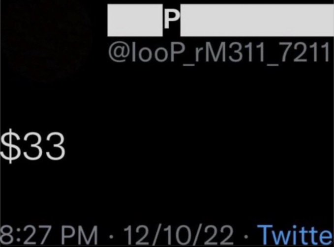 A screenshot of a Twitter post from user @looP_rM311_7211 displaying "$33" on a black background, timestamped 8:27 PM on 12/10/22, visually highlighting the current price that falls between the poster's first and second XRP price targets of $25 and $75.