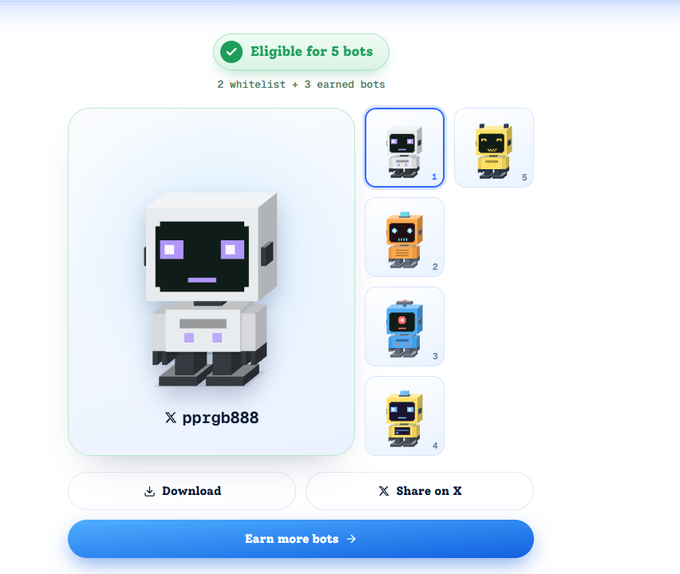 A digital interface showing 'Eligible for 5 bots' with a pixelated robot avatar labeled 'pprgb888', featuring Download and Share on X options.