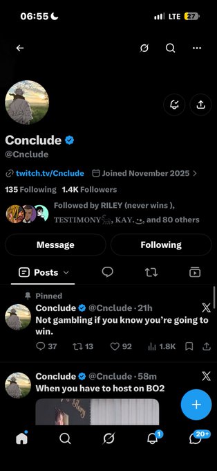 A screenshot of an X (Twitter) profile for verified user @Cnclude with 1.4K followers, featuring pinned tweets including 'Not gambling if you know you're going to win.'