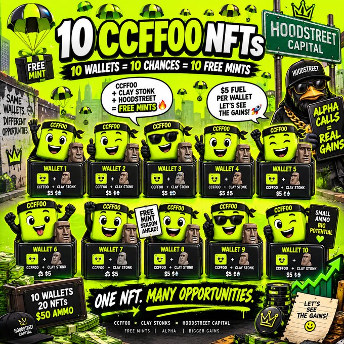 A bright green promotional poster for '10 CCFFOO NFTs' by Hoodstreet Capital, advertising '10 WALLETS = 10 CHANCES = 10 FREE MINTS' with cartoon character designs.