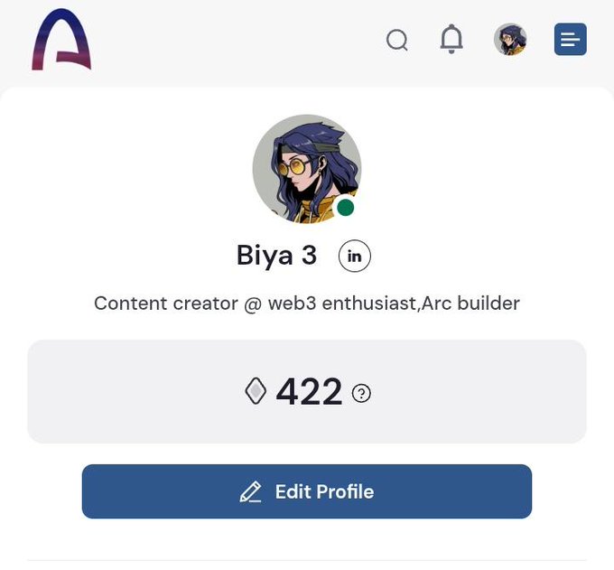 The image shows a user profile page for "Biya 3" with the title "Content creator @ web3 enthusiast, Arc builder" and a diamond/reputation score of 422, indicating active participation on the Arc platform that aligns with the post asking about engagement on @arc.