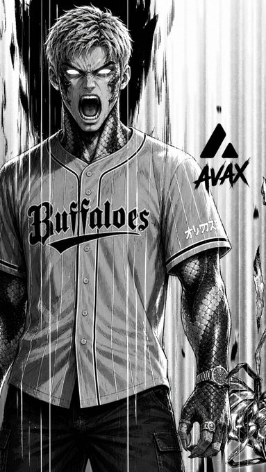 A black and white manga-style illustration of an intense character wearing a 'Buffaloes' jersey with Japanese katakana 'オリガワ' and the logo 'AVAX' displayed prominently.