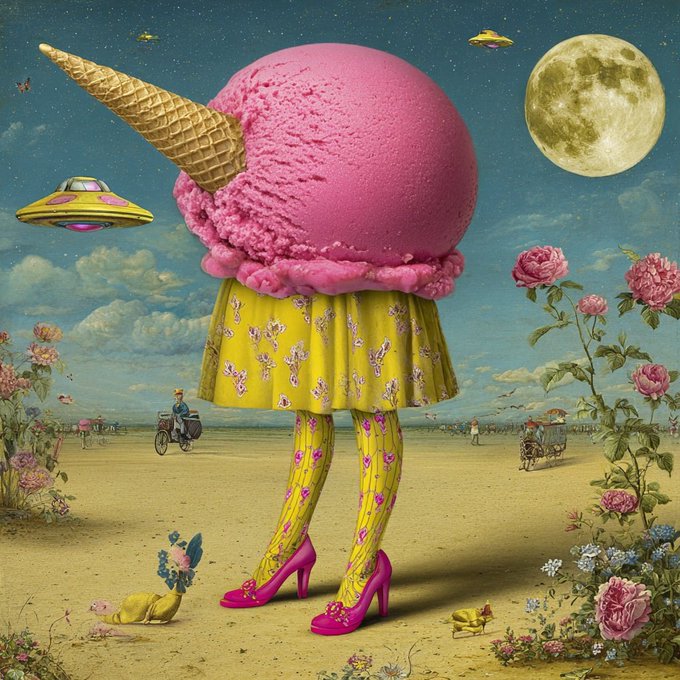 A whimsical surrealist artwork features an anthropomorphic figure with a pink ice cream scoop for a head, wearing a yellow floral skirt and patterned stockings with pink high heels, set against a vintage landscape with UFOs, a large moon, and blooming flowers.