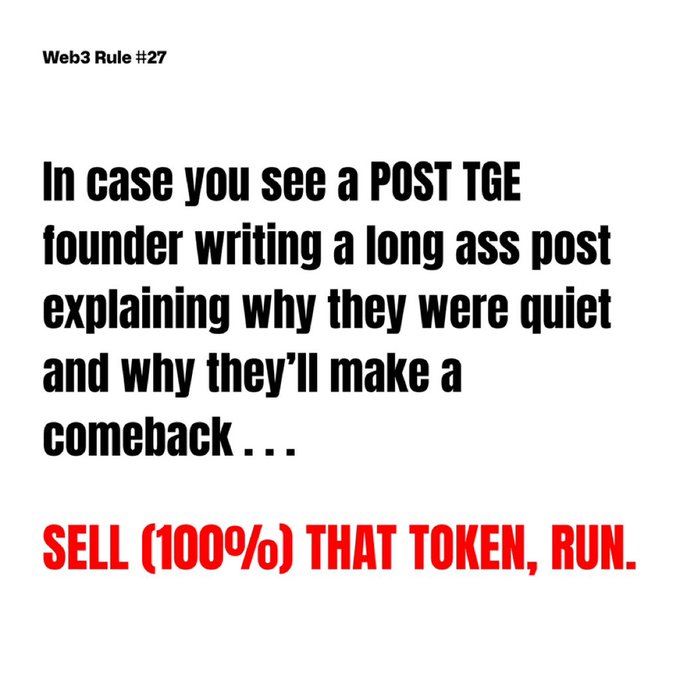 The image displays "Web3 Rule #27" advising that long apology/comback posts from post-TGE founders are a red flag to sell 100% of the token. The caption advises exiting a position when founders publish lengthy justifications for silence and promises of a return, as shown in the post format about a DAO founder explaining their absence.
