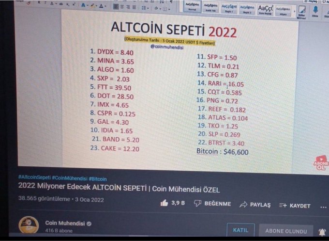 A photograph of a computer monitor showing a YouTube video titled '2022 Milyoner Edecek ALTCOİN SEPETİ | Coin Mühendisi ÖZEL' featuring a list of altcoins with prices dated 3 Ocak 2022.