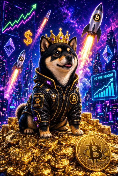 A digital illustration shows a Shiba Inu dog wearing a crown and a jacket labeled 'MANYU HOOL' sitting on a pile of Bitcoin and gold coins, with rockets, Ethereum logos, and charts saying 'TO THE MOON!' in a vibrant purple cityscape background.