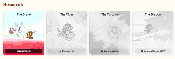 A rewards screen for Duolingo showing 'The Crane' available to view, with 'The Tiger' (Coming Fall), 'The Tortoise' (Coming Winter), and 'The Dragon' (Coming Spring 2027) locked.