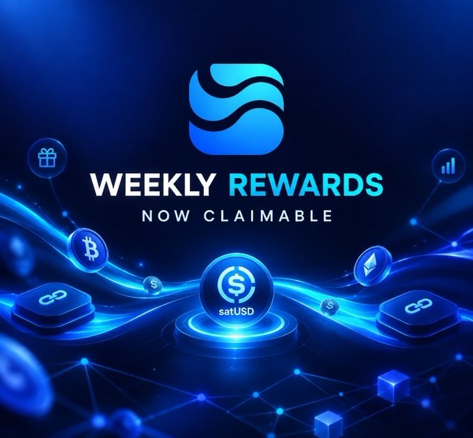 A promotional graphic with a blue futuristic design announcing 'WEEKLY REWARDS NOW CLAIMABLE' on the satUSD platform, featuring a central satUSD coin surrounded by other crypto icons like Bitcoin and Ethereum.
