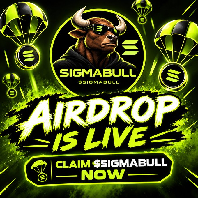 A promotional graphic announces a '$SIGMABULL AIRDROP IS LIVE' with a central logo of a bull wearing sunglasses, surrounded by green parachutes dropping Solana coins against a black and neon green background.