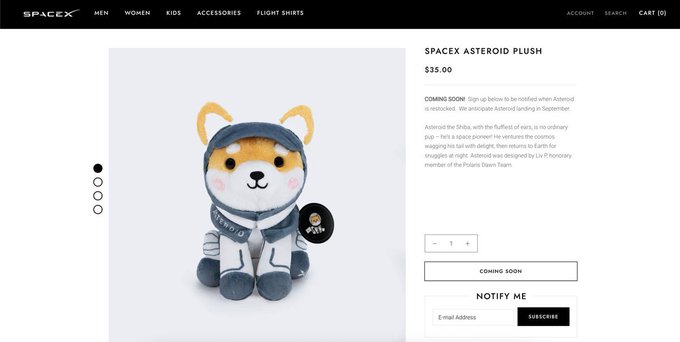 This image focuses on a website showcasing stuffed animals, with a specific item being a stuffed animal that is dressed up like an astronaut or space shuttle pilot. The post appears to be about a product from the company SpaceX, possibly related to rockets or aerospace technology. The post also mentions a new release of this stuffed animal model and how it's coming soon to a store.