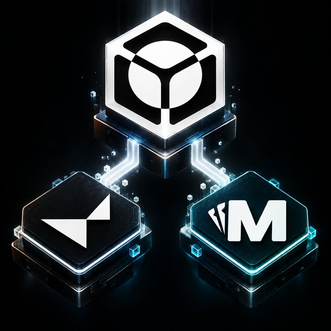 A futuristic tech graphic featuring a central glowing white hexagonal logo connected by neon lines to two smaller cubes displaying app icons, one with an arrow and one with the letter "M".