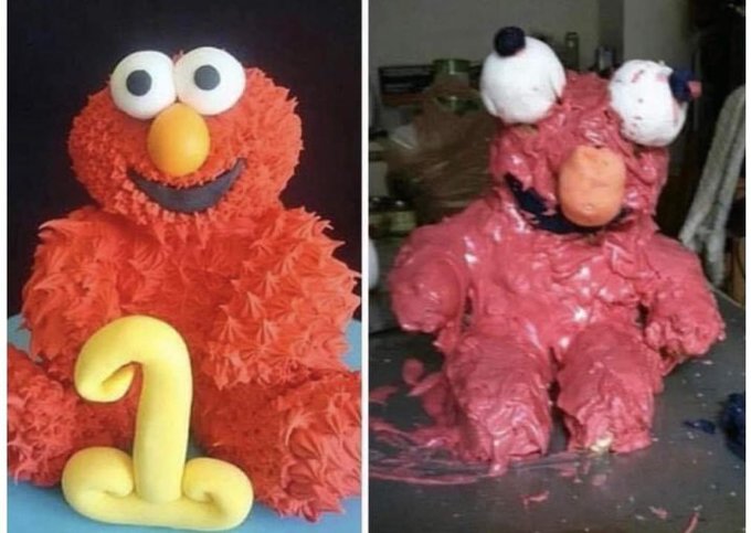 The image is a "expectation vs. reality" meme comparing a perfect, fluffy Elmo-themed birthday cake with a yellow number "2" on the left, to a lopsided, melted, and grotesque homemade attempt on the right, humorously illustrating how the poster's friends see crypto shitcoins as appealing, but the actual on-chain reality is a disappointing, messy disaster.