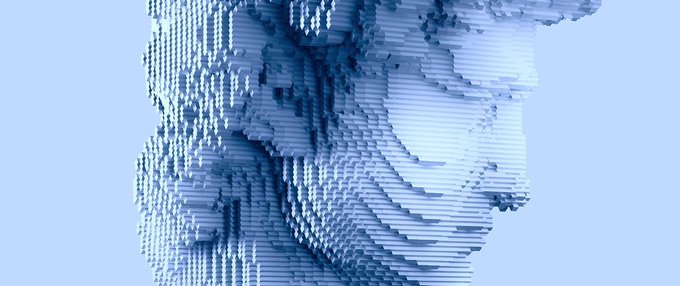 A 3D pixelated or voxel-style profile of a human face rendered in blue and white tones, appearing fragmented and constructed from small cubic blocks. The image visually represents the post's metaphor of human identity in a tokenized economy, with the face dissolving into discrete digital units—mirroring how attention, data, and selfhood are broken down into tradable tokens owned by tech giants.
