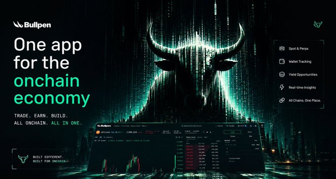 Promotional banner for Bullpen, an onchain economy app, featuring a stylized bull logo made of digital code and listing features like Spot & Perps, Wallet Tracking, and Yield Opportunities.