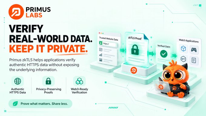 A digital advertisement for 'Primus Labs' featuring a cartoon owl mascot, promoting their 'zkTLS Proof' technology with the headline 'VERIFY REAL-WORLD DATA. KEEP IT PRIVATE.'