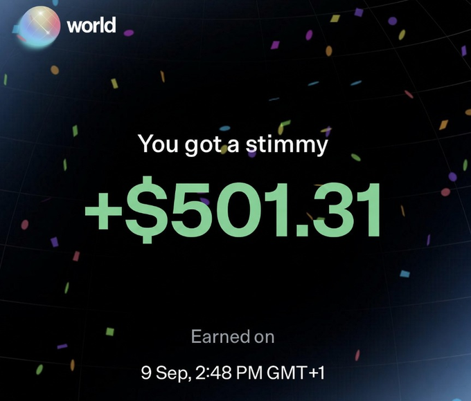 A celebratory notification from World shows a user receiving a "stimmy" of +$501.31 earned on 9 Sep, 2:48 PM GMT+1, displayed with colorful confetti on a dark background. The image promotes world.xyz, a platform where users can earn rewards through trading activity, with the post encouraging others to sign up via Google or Sol wallet and deposit funds to start trading.