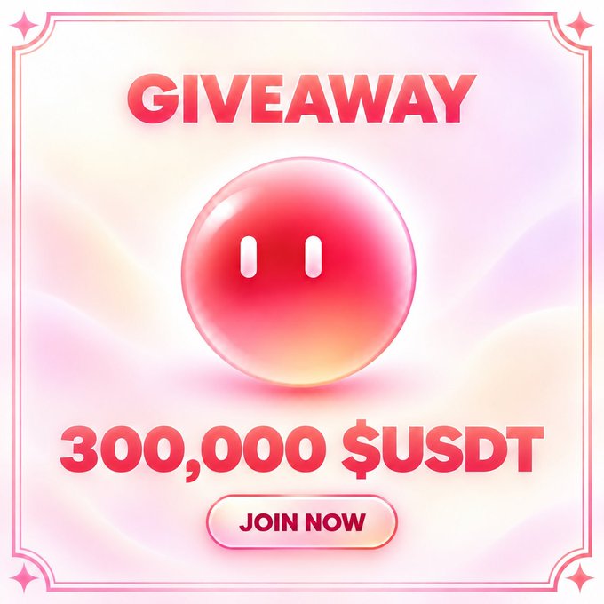 A pink-themed promotional graphic advertises a giveaway of 300,000 USDT with a 'JOIN NOW' button and a glossy pink bubble character in the center.