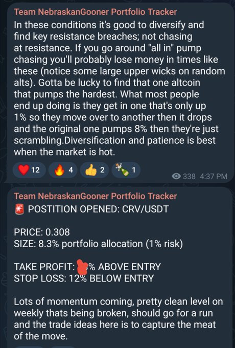 A Telegram post from "Team NebraskanGooner Portfolio Tracker" advising traders to diversify and wait for resistance breaches instead of chasing pumps, followed by an opened CRV/USDT position at 0.308 with an 8.3% portfolio allocation, 12% stop loss, and a target above entry, illustrating the type of live trade entries shared in the advertised crypto portfolio service.