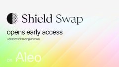 The image promotes “Shield Swap” with the text “opens early access” and “Confidential trading on-chain” on Aleo. It relates to the post by highlighting Shield’s confidential finance integration on @aleoHQ.