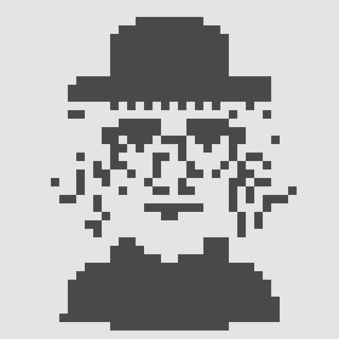 A pixel-art style dark gray bust on a white background depicting a character wearing a wide-brimmed hat.