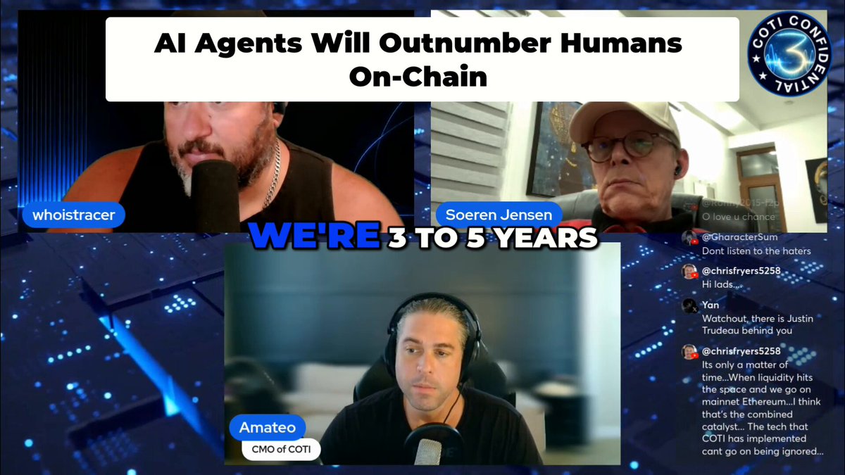 The image shows a computer screen with three different images displayed, including an image of two men talking into microphones. One man wears glasses and appears to be speaking into a microphone held by another man who has earbuds attached to his ears. The background of each image is blue, which is likely the color scheme used for logos or branding elements in the post about AI agents and human beings.